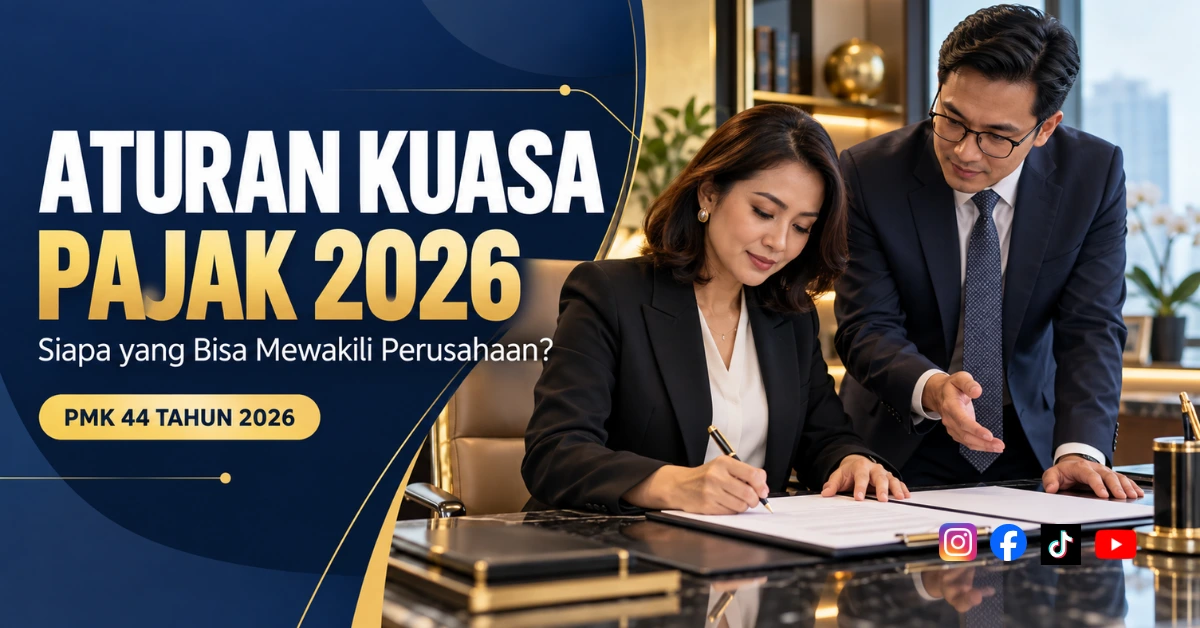 Thumbnail aturan kuasa pajak 2026 dengan ilustrasi direktur menandatangani dokumen bersama konsultan.