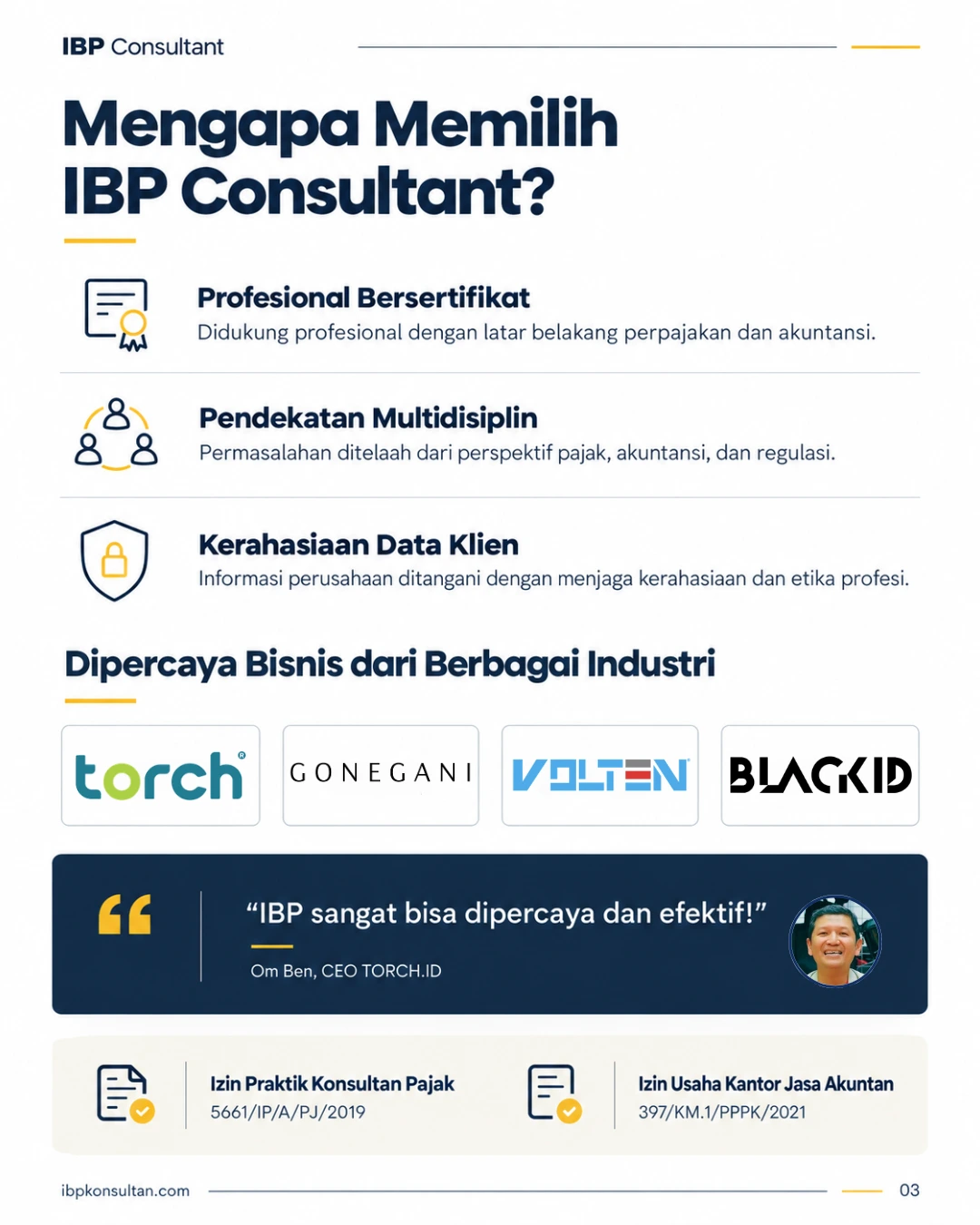 Kredibilitas IBP Consultant: profesional bersertifikat, pendekatan multidisiplin, kerahasiaan data, logo klien, testimoni, dan informasi izin.