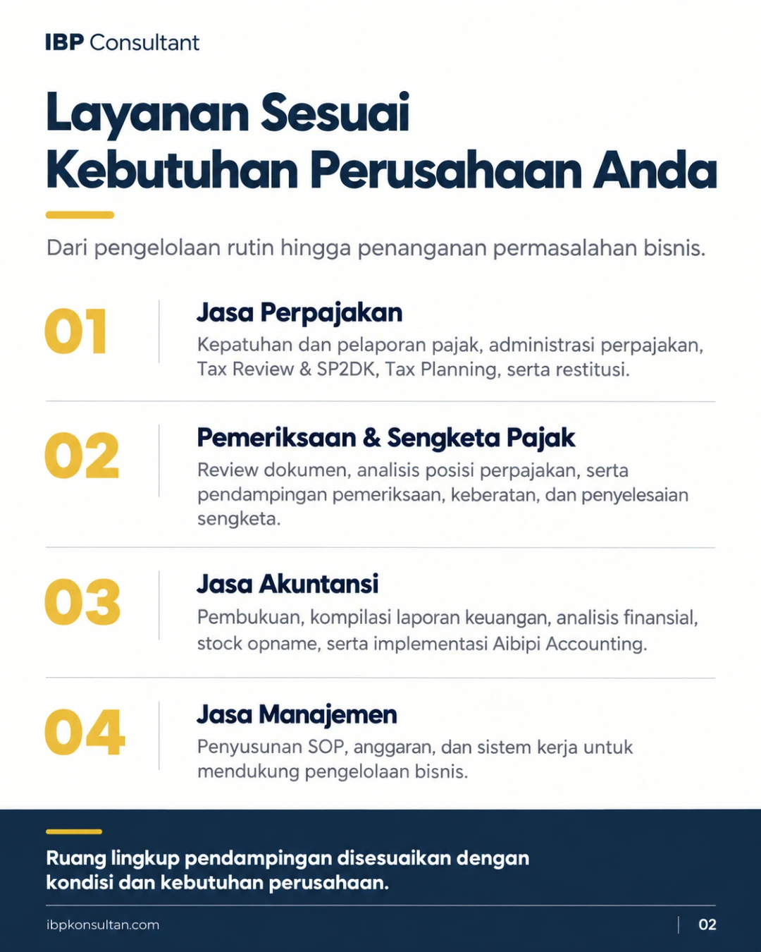 Ringkasan layanan IBP Consultant: perpajakan, pemeriksaan dan sengketa pajak, akuntansi, serta manajemen bisnis.