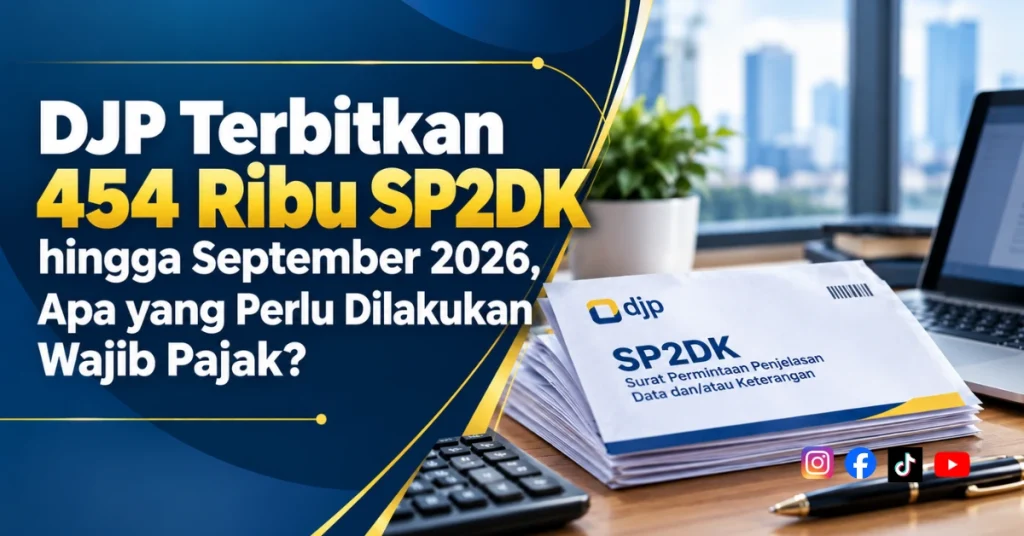 Ilustrasi SP2DK DJP dan dokumen perpajakan di meja kerja